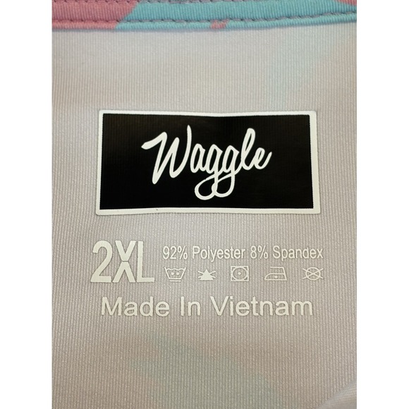 Waggle Golf Polo Shirt Men's 2XL Pink Teal Palm Tree Print Performance Stretch - Picture 2 of 7